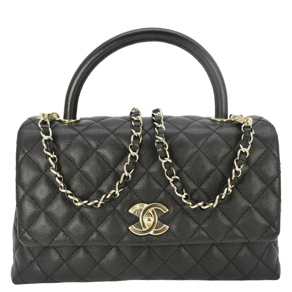 Chanel Coco Flap Medium Quilted Caviar Leather Handle Shoulder Bag Black