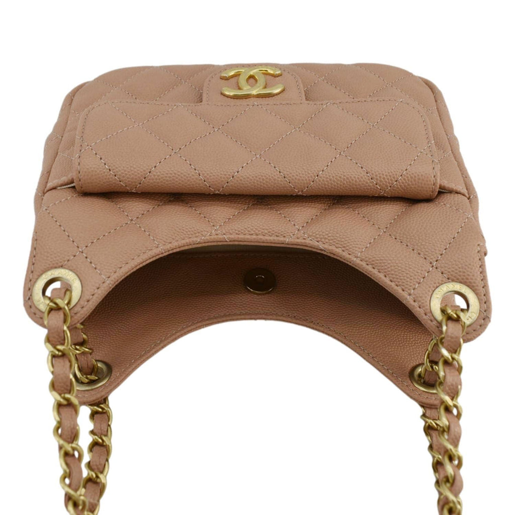 Chanel Wavy Small Caviar Leather Hobo Shoulder Bag Peach