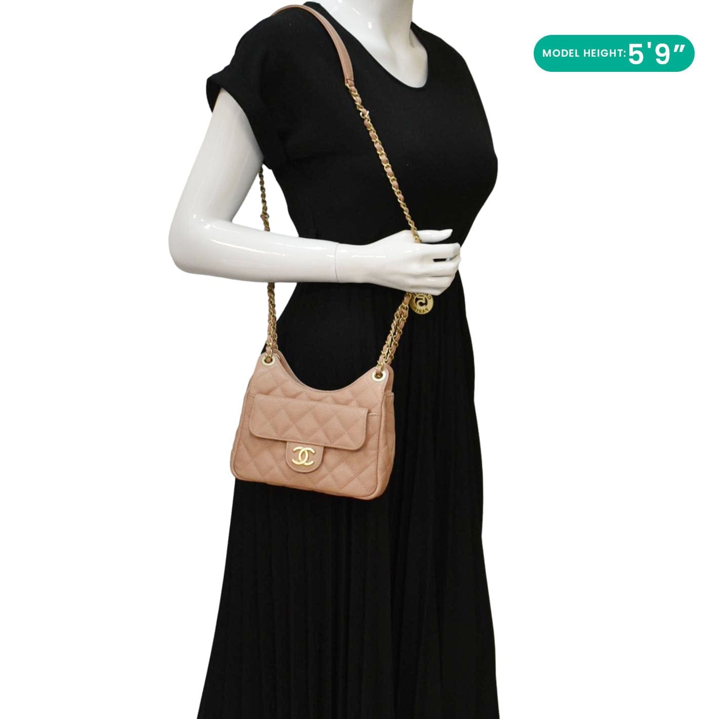 Chanel Wavy Small Caviar Leather Hobo Shoulder Bag Peach