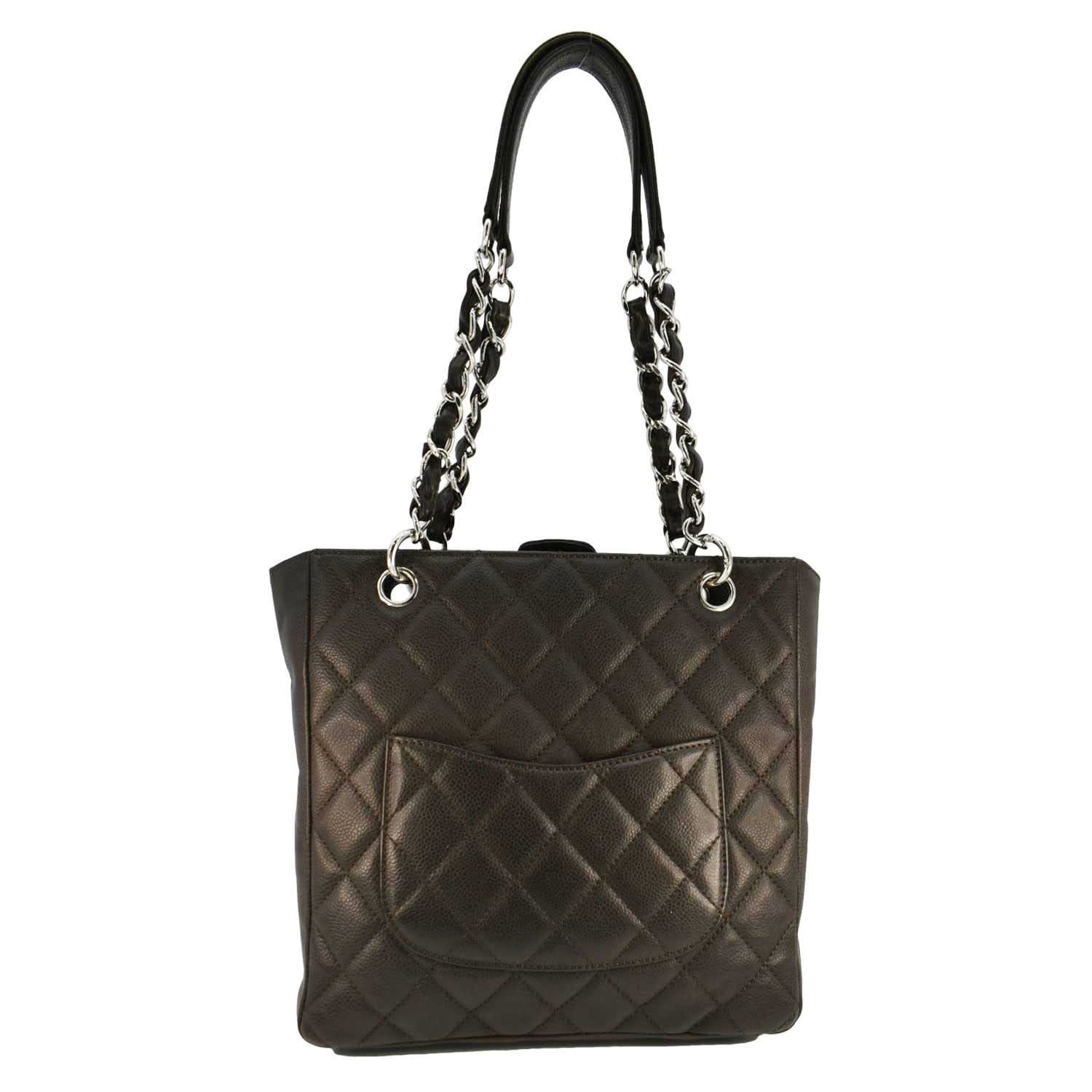 Chanel Petite Quilted Caviar Leather Shopping Tote Shoulder Bag Dark Brown
