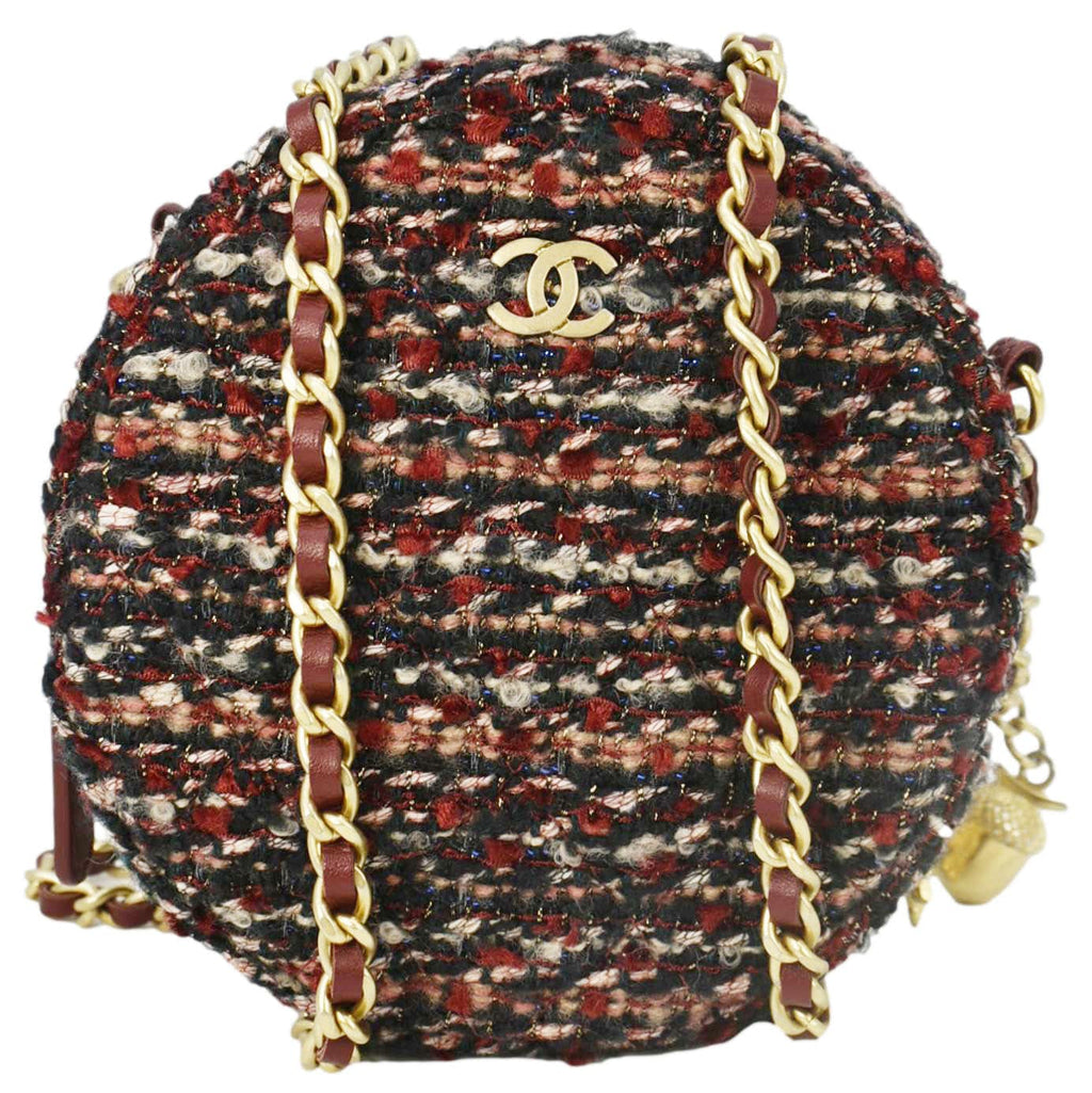 Chanel Round Tweed Chain Clutch Crossbody Bag Red