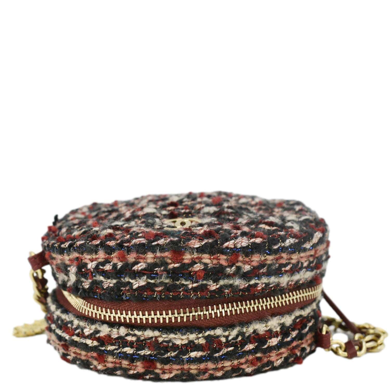 Chanel Round Tweed Chain Clutch Crossbody Bag Red