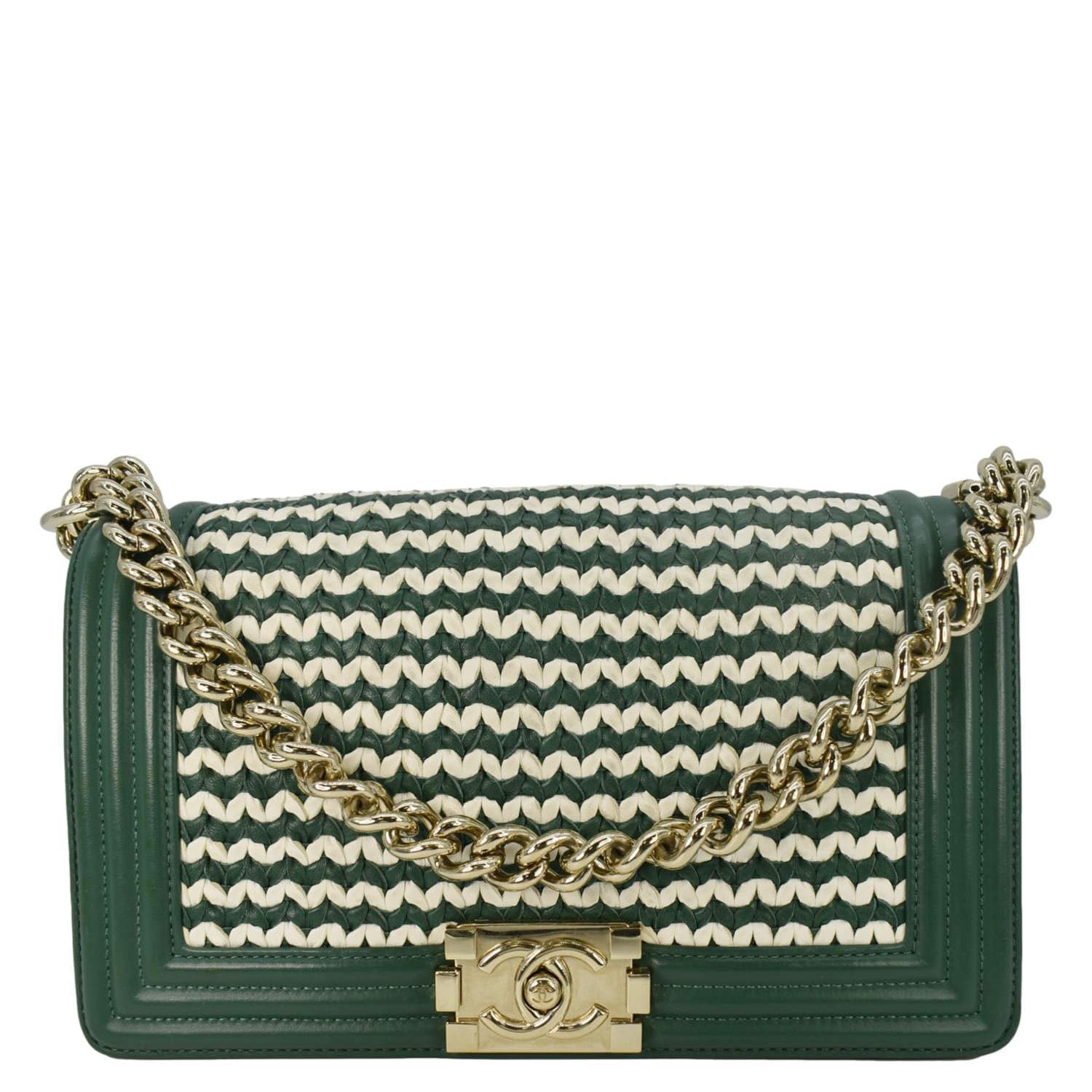 Chanel Boy Flap Woven Leather Shoulder Bag Green