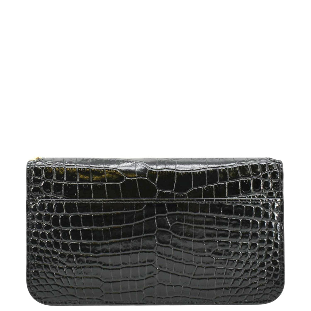 YVES SAINT LAURENT Monogram Sunset Crocodile Embossed Leather Shoulder Bag Black