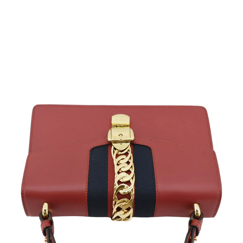 GUCCI Sylvie Small Web Leather Shoulder Bag Red 421882