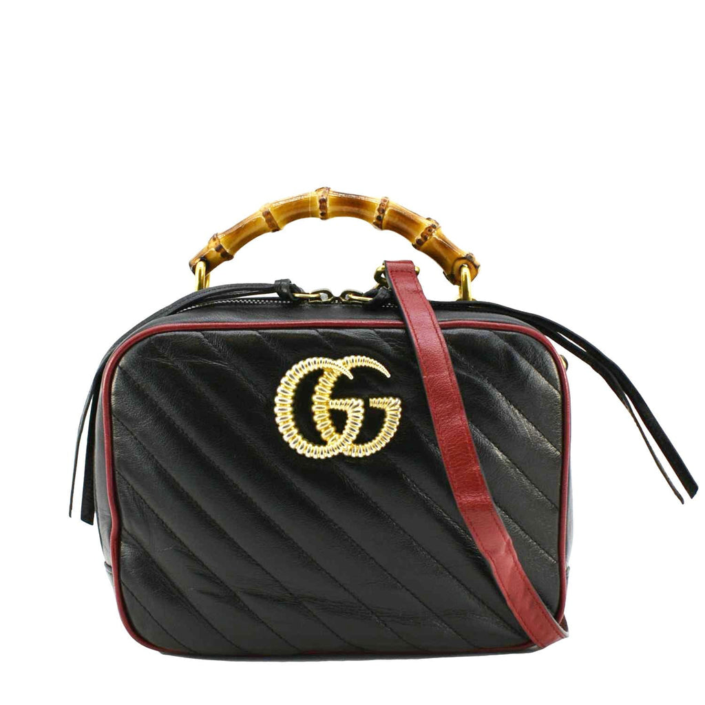 GUCCI Gucci Marmont Diagonal Leather Bamboo Top Handle Crossbody Bag Black 602270