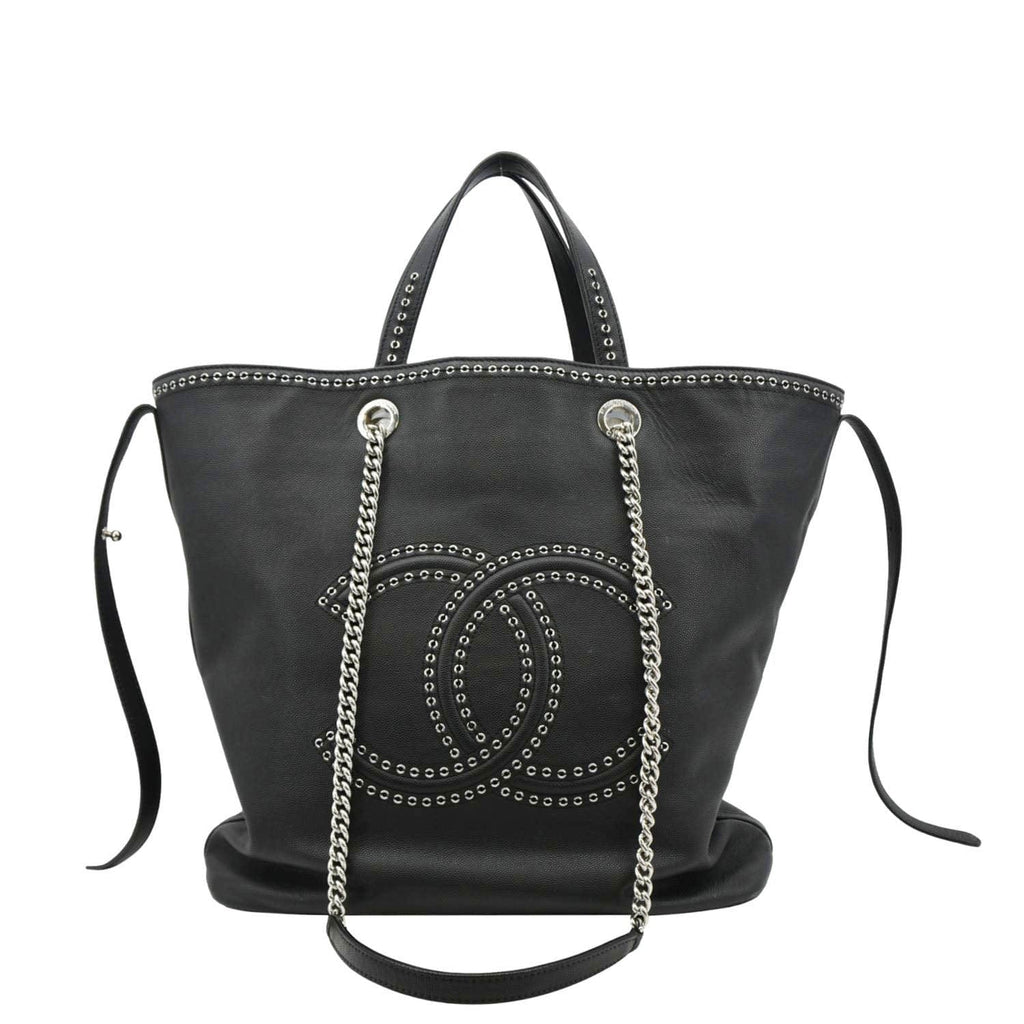 Chanel Coco Eyelets Large Leather Shopping Tote Shoulder  Black