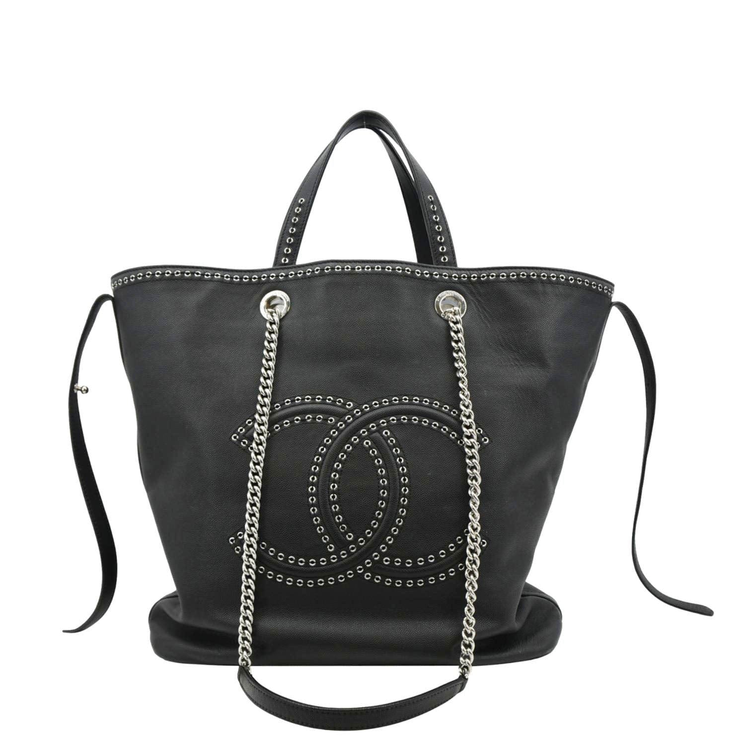Chanel Coco Eyelets Large Leather Shopping Tote Shoulder  Black