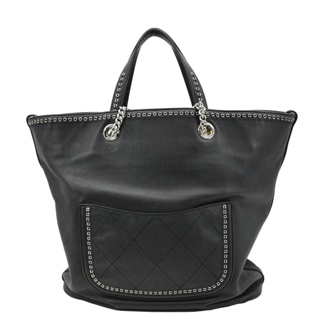 Chanel Coco Eyelets Large Leather Shopping Tote Shoulder  Black