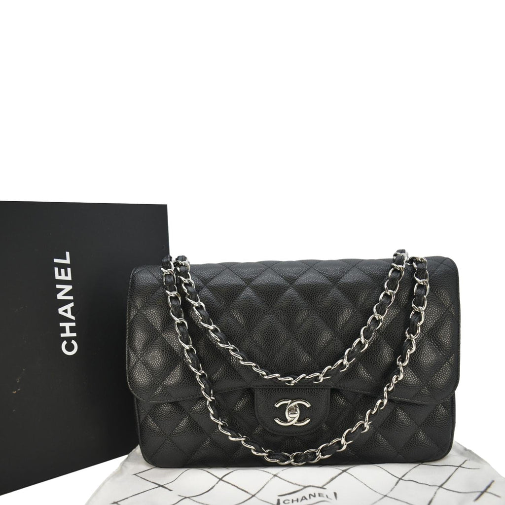 Chanel Classic Jumbo  Double Flap Quilted Caviar Leather Shoulder Bag Black