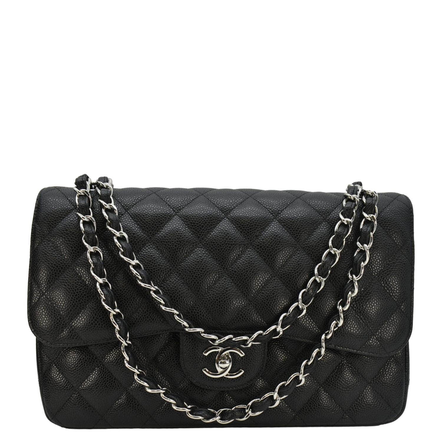 Chanel Classic Jumbo  Double Flap Quilted Caviar Leather Shoulder Bag Black