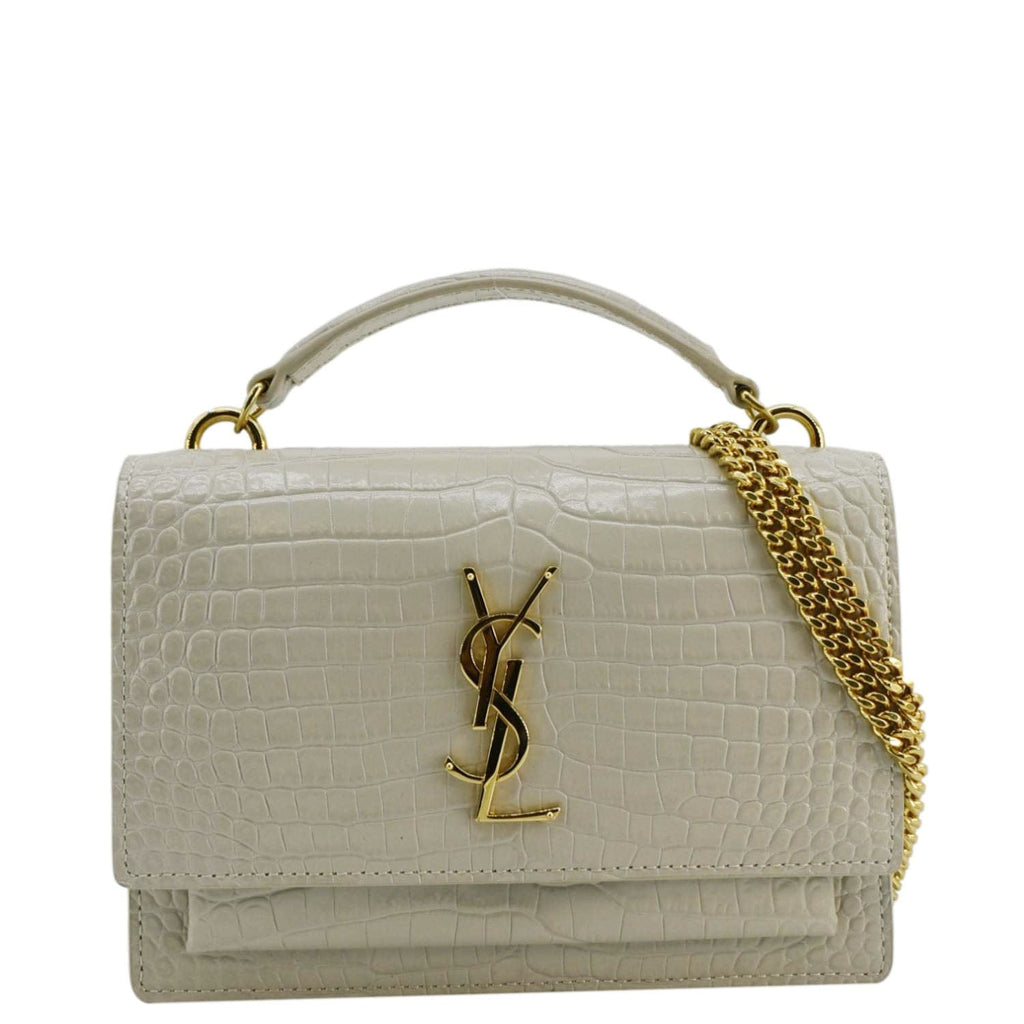 YVES SAINT LAURENT Sunset Crocodile Embossed Leather Crossbody Bag Ivory