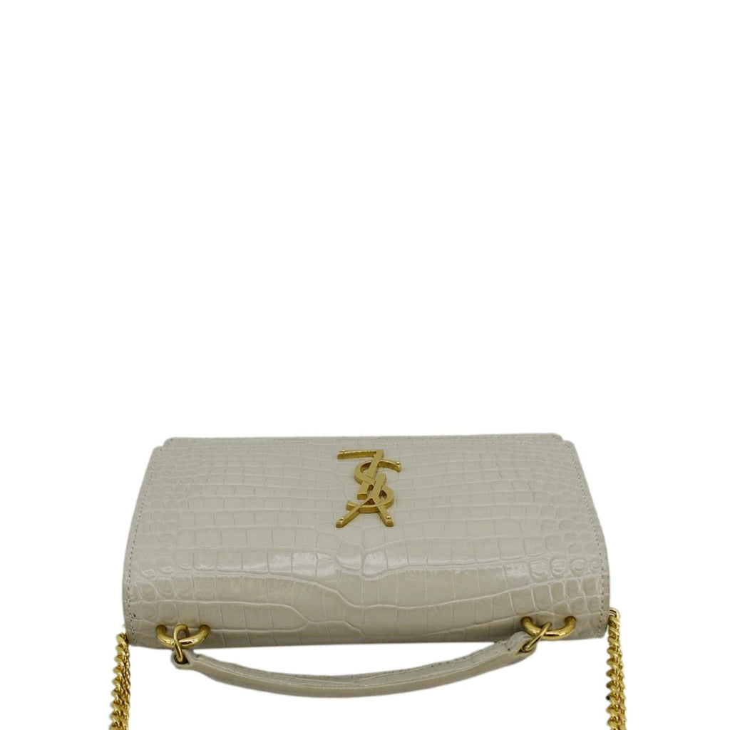 YVES SAINT LAURENT Sunset Crocodile Embossed Leather Crossbody Bag Ivory