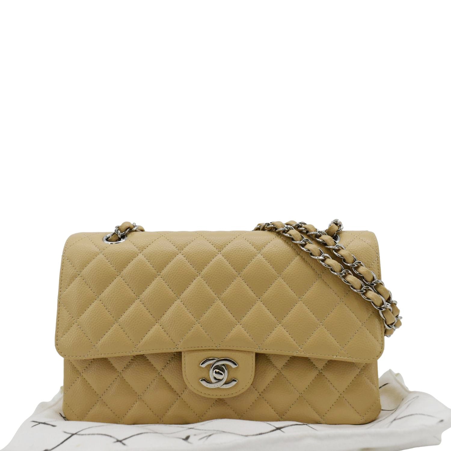 Chanel Classic Double Flap Medium Quilted Caviar Leather Shoulder Bag Beige