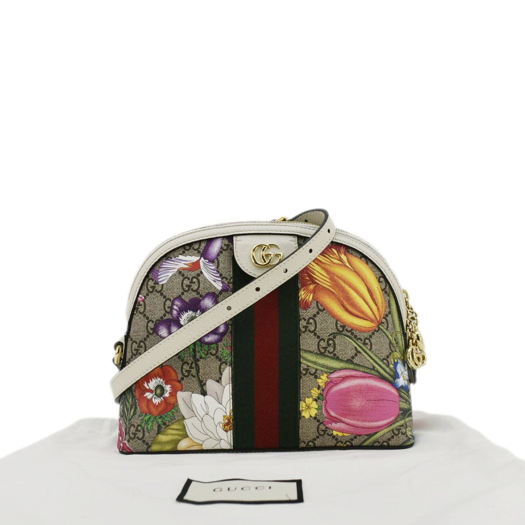 GUCCI Ophidia Flora Dome Small Gucci Supreme Monogram Shoulder Bag White 499621