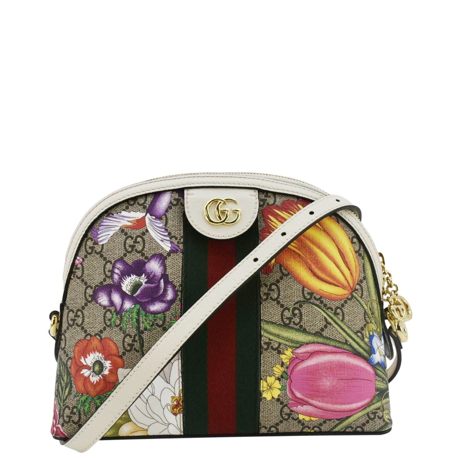 GUCCI Ophidia Flora Dome Small Gucci Supreme Monogram Shoulder Bag White 499621