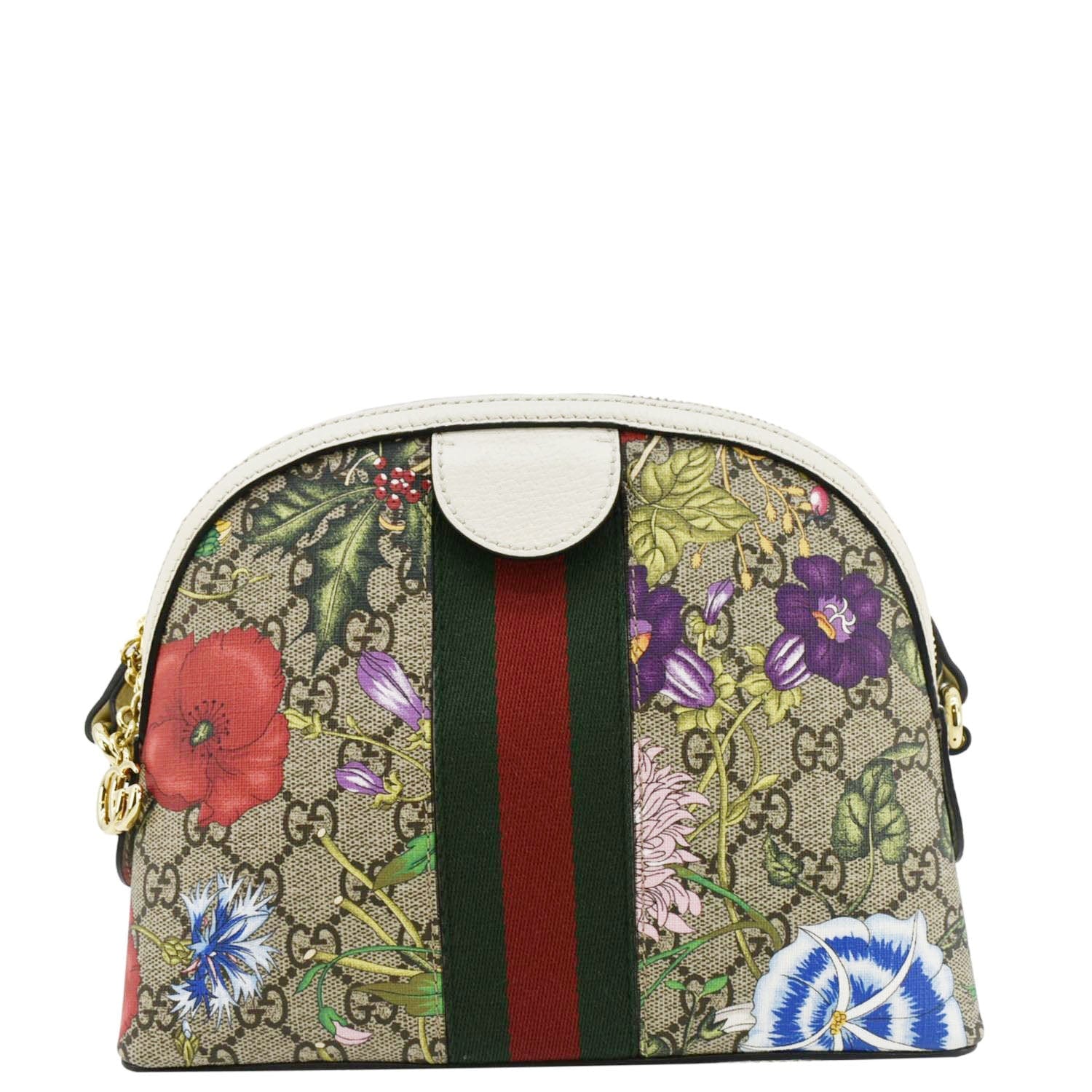 GUCCI Ophidia Flora Dome Small Gucci Supreme Monogram Shoulder Bag White 499621