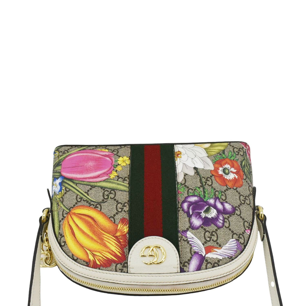 GUCCI Ophidia Flora Dome Small Gucci Supreme Monogram Shoulder Bag White 499621