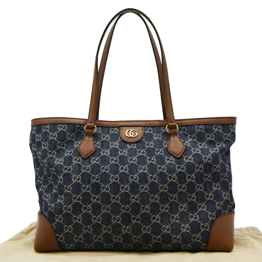 GUCCI Ophidia Gucci Medium Jacquard Denim Tote Bag Navy Blue