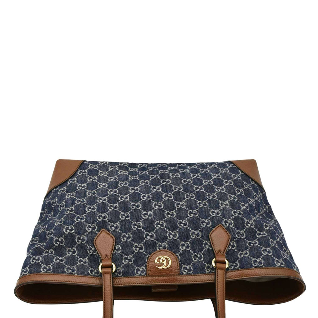 GUCCI Ophidia Gucci Medium Jacquard Denim Tote Bag Navy Blue