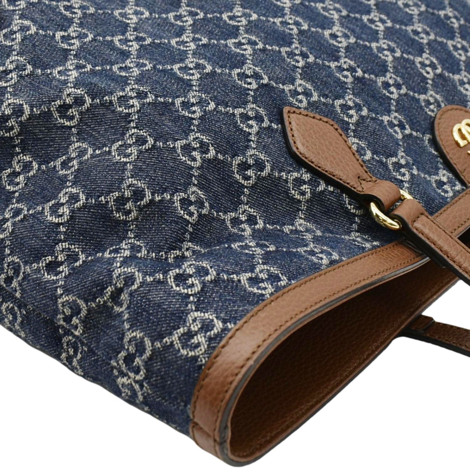 GUCCI Ophidia Gucci Medium Jacquard Denim Tote Bag Navy Blue