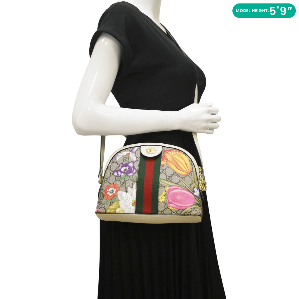 GUCCI Ophidia Flora Dome Small Gucci Supreme Monogram Shoulder Bag White 499621