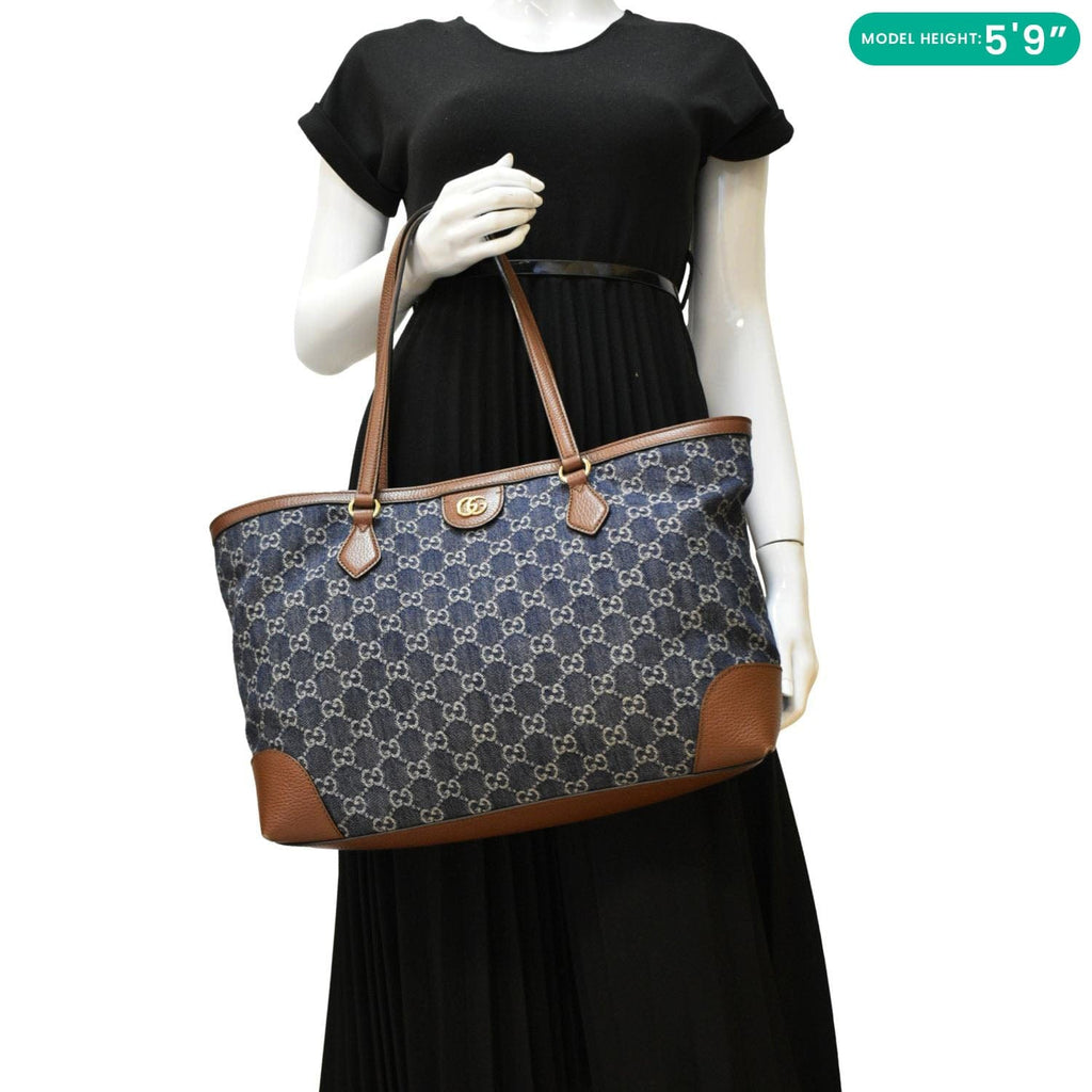 GUCCI Ophidia Gucci Medium Jacquard Denim Tote Bag Navy Blue