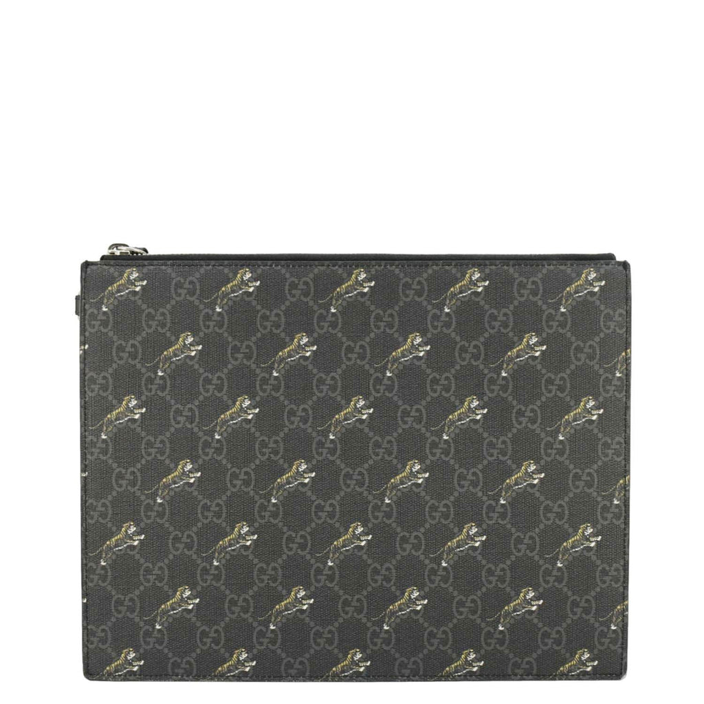 GUCCI Tiger Print Gucci Supreme Canvas Clutch Bag Black 575136