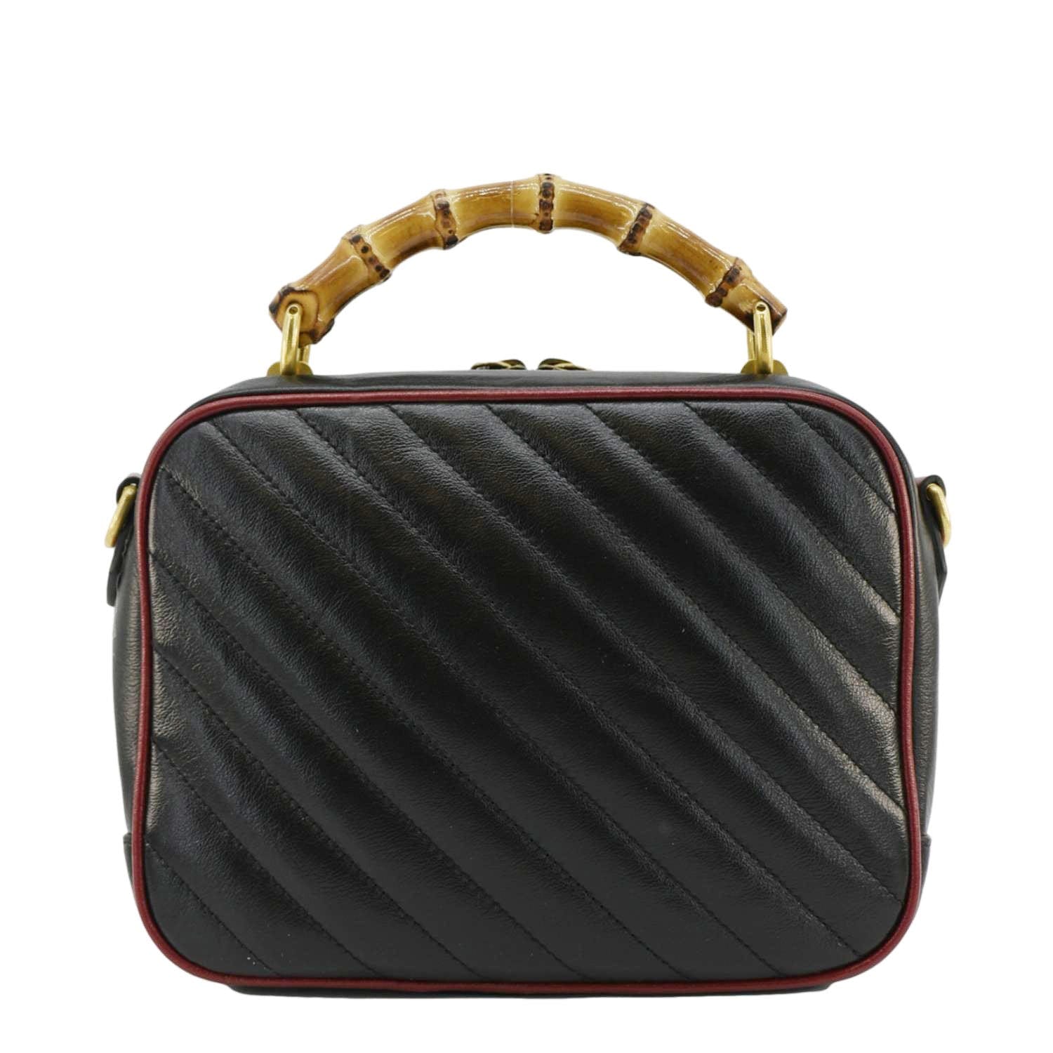 GUCCI Gucci Marmont Diagonal Leather Bamboo Top Handle Crossbody Bag Black 602270