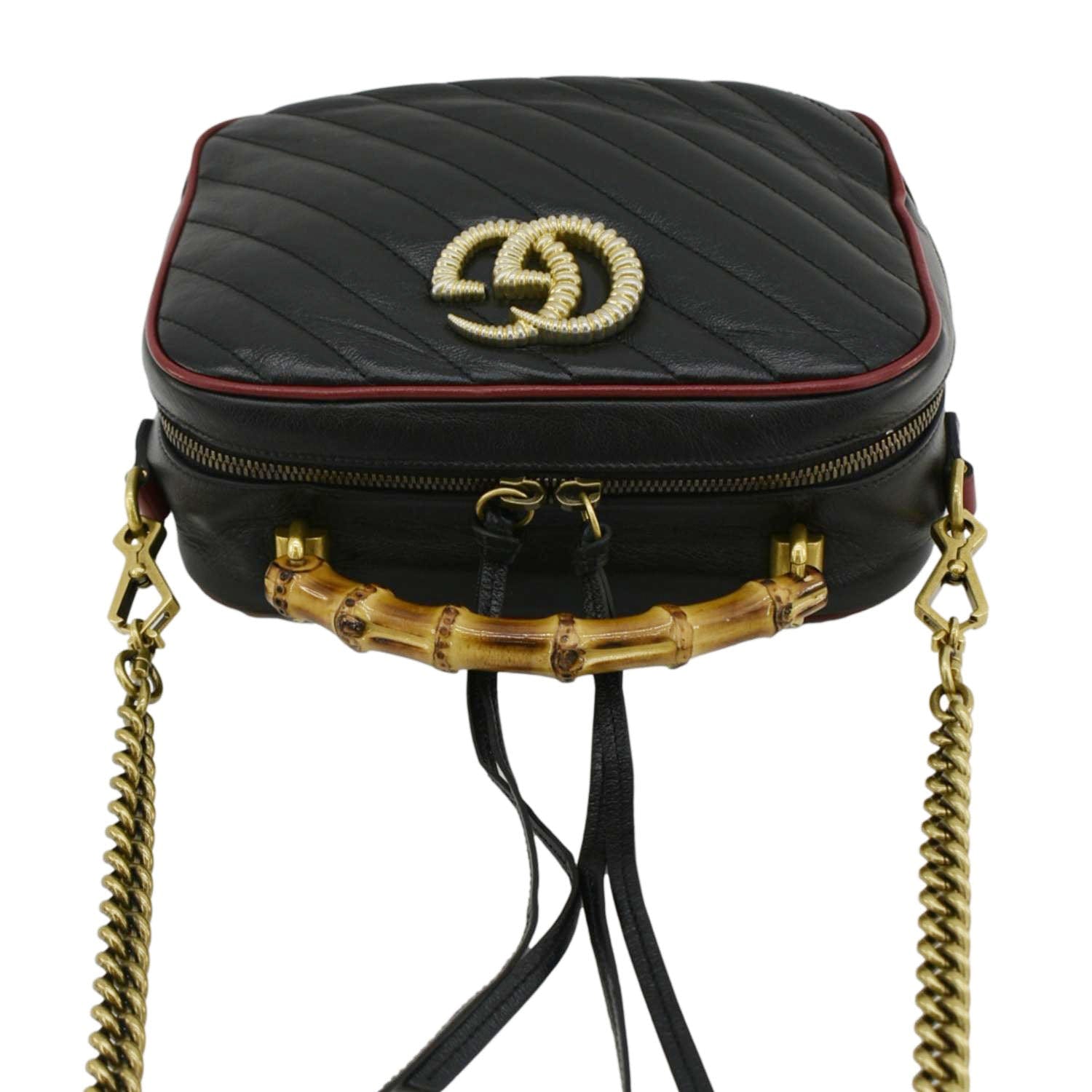 GUCCI Gucci Marmont Diagonal Leather Bamboo Top Handle Crossbody Bag Black 602270