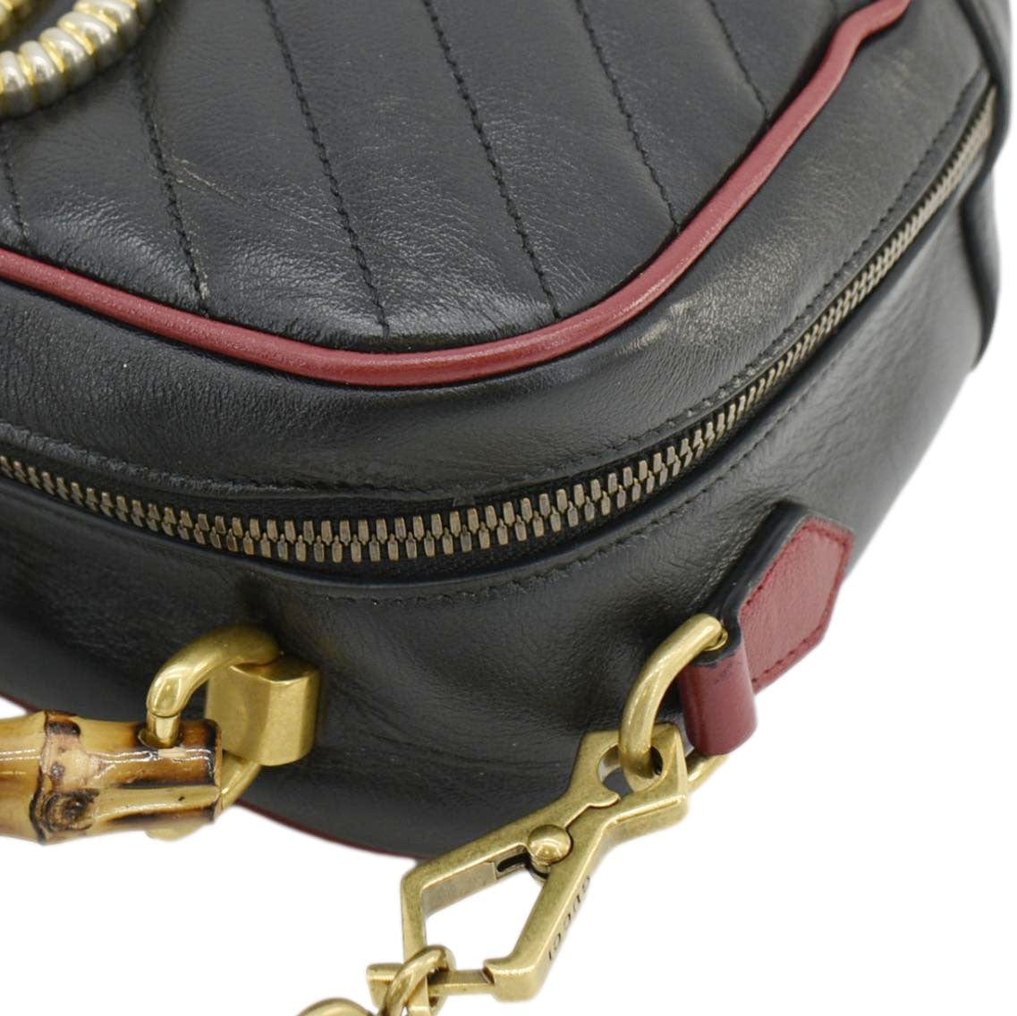 GUCCI Gucci Marmont Diagonal Leather Bamboo Top Handle Crossbody Bag Black 602270
