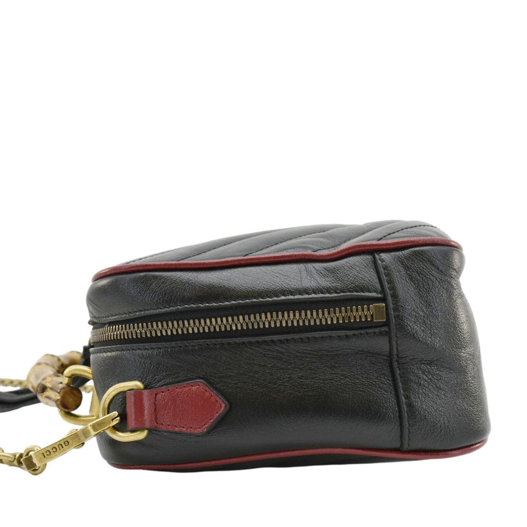 GUCCI Gucci Marmont Diagonal Leather Bamboo Top Handle Crossbody Bag Black 602270