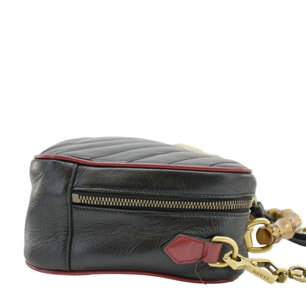GUCCI Gucci Marmont Diagonal Leather Bamboo Top Handle Crossbody Bag Black 602270