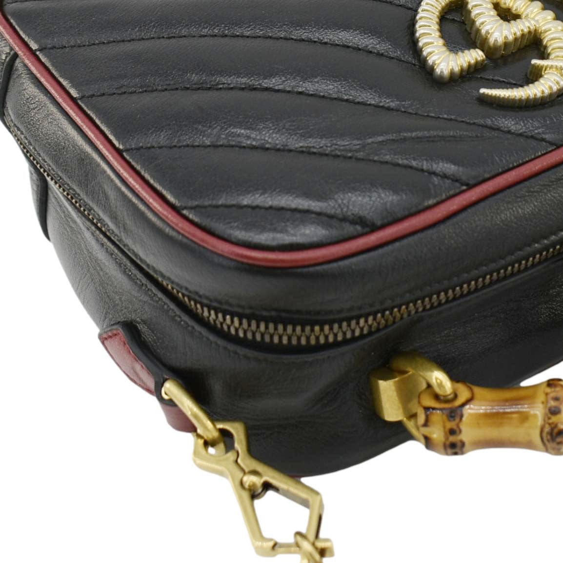 GUCCI Gucci Marmont Diagonal Leather Bamboo Top Handle Crossbody Bag Black 602270