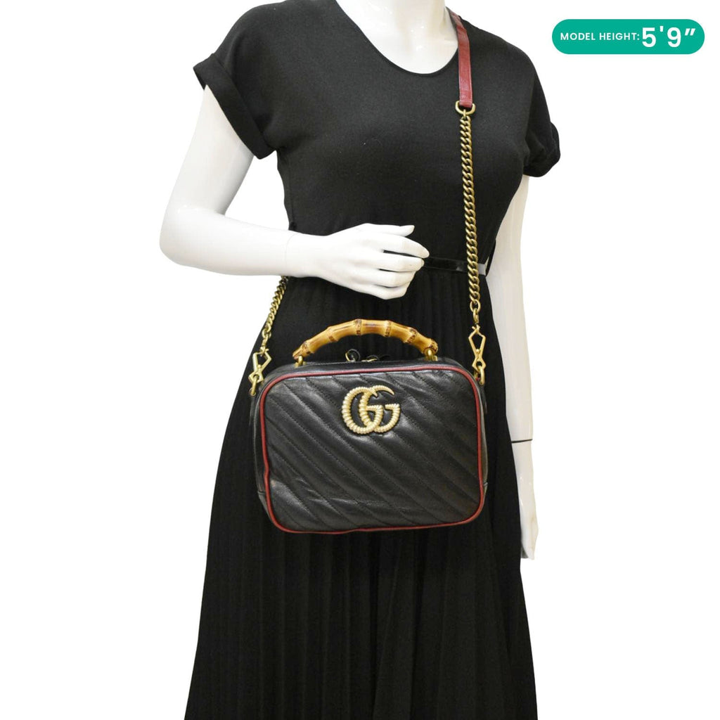 GUCCI Gucci Marmont Diagonal Leather Bamboo Top Handle Crossbody Bag Black 602270