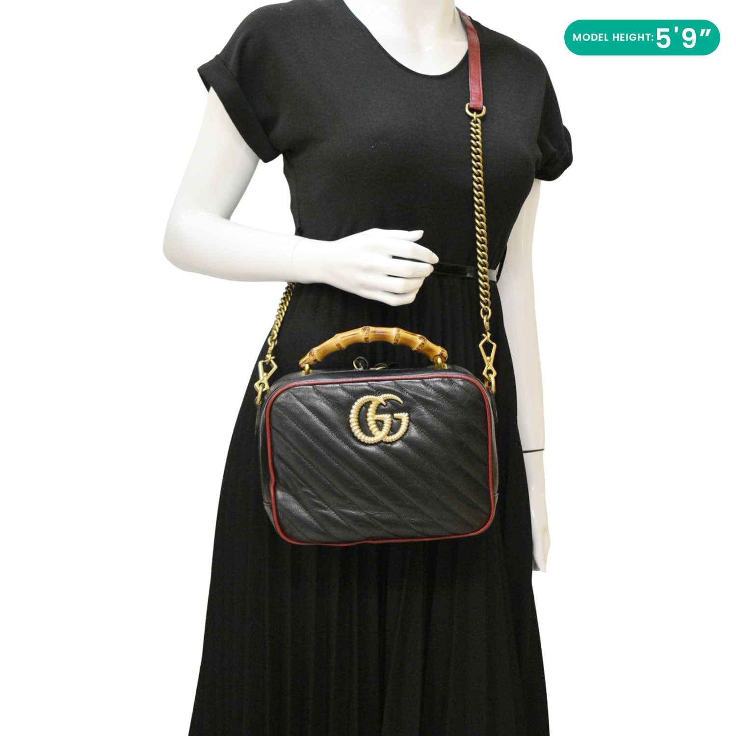 GUCCI Gucci Marmont Diagonal Leather Bamboo Top Handle Crossbody Bag Black 602270