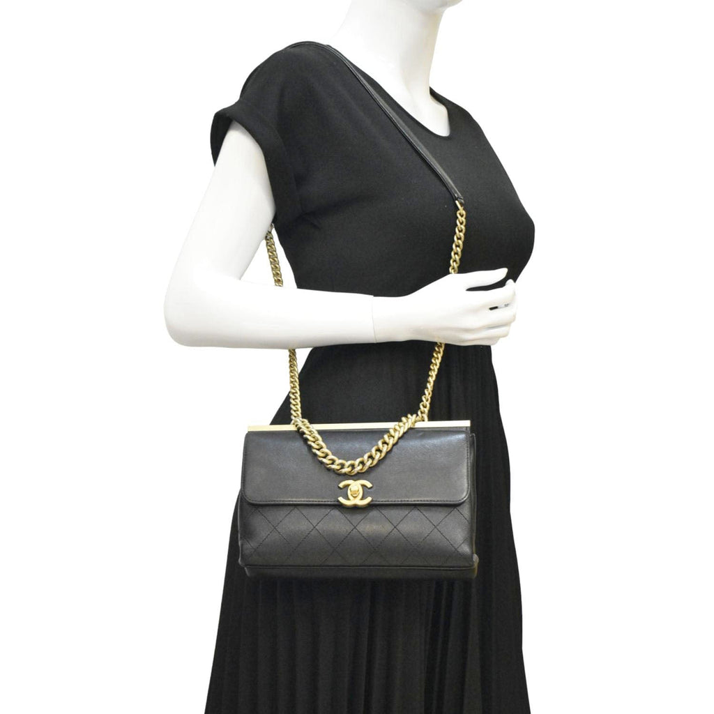 Chanel Coco Luxe Stitched Leather Chain Crossbody Bag Black