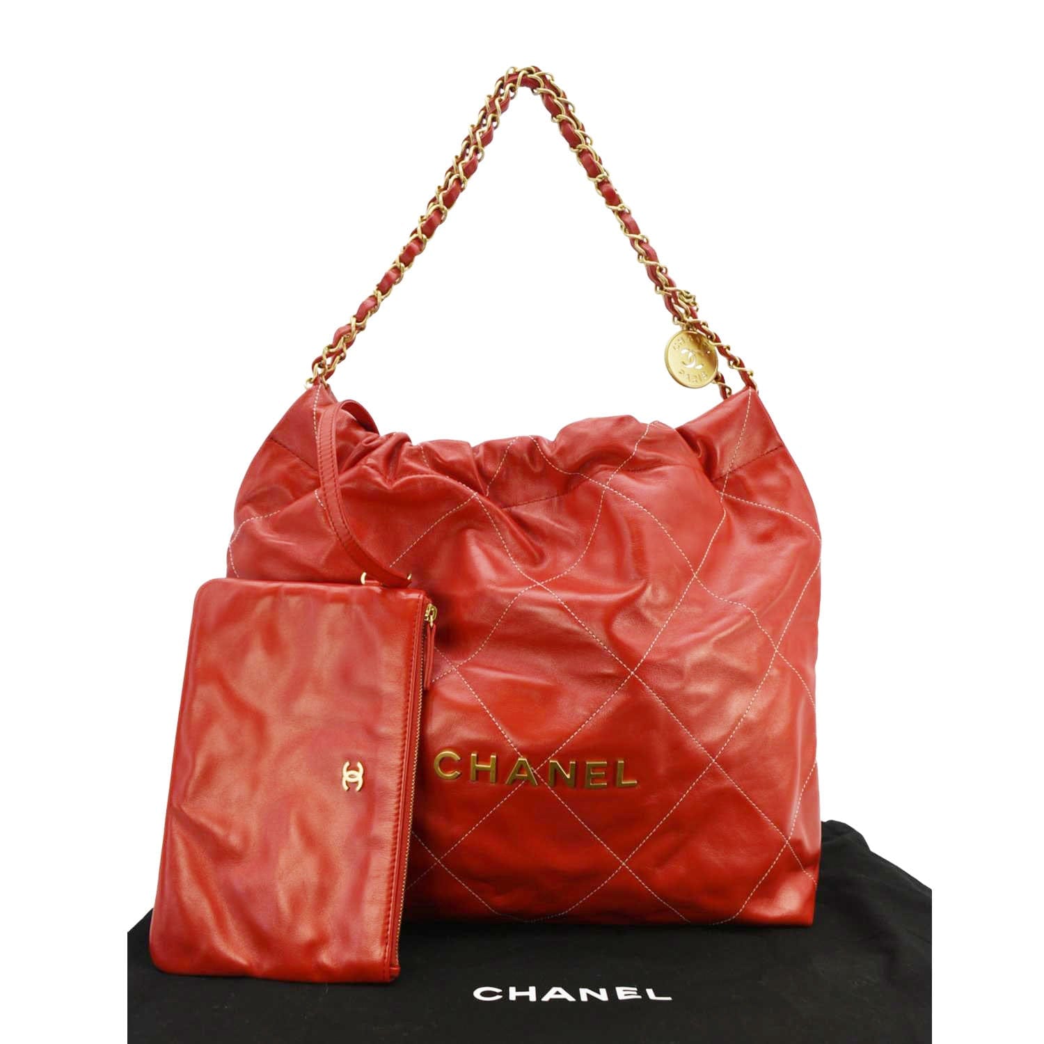 Chanel 22 Large Shiny Calfskin Quilted Leather Tote Bag Red
