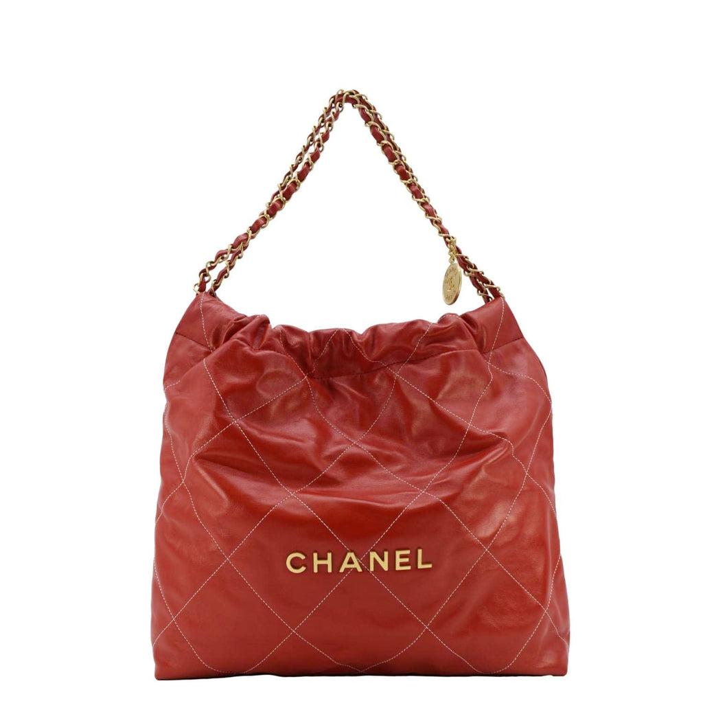 Chanel 22 Large Shiny Calfskin Quilted Leather Tote Bag Red