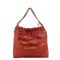 Chanel 22 Large Shiny Calfskin Quilted Leather Tote Bag Red