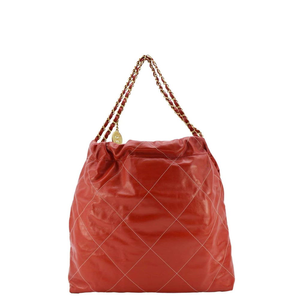Chanel 22 Large Shiny Calfskin Quilted Leather Tote Bag Red