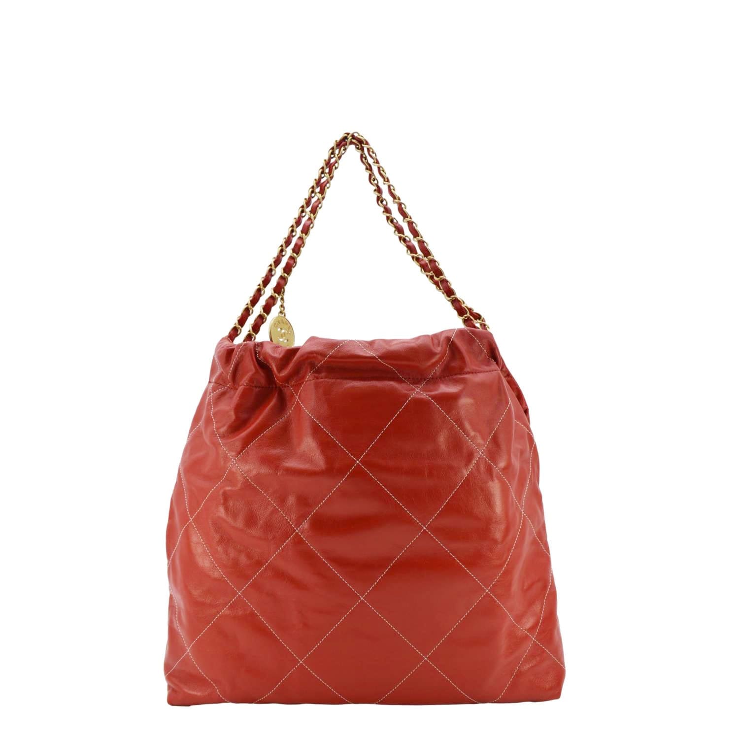 Chanel 22 Large Shiny Calfskin Quilted Leather Tote Bag Red
