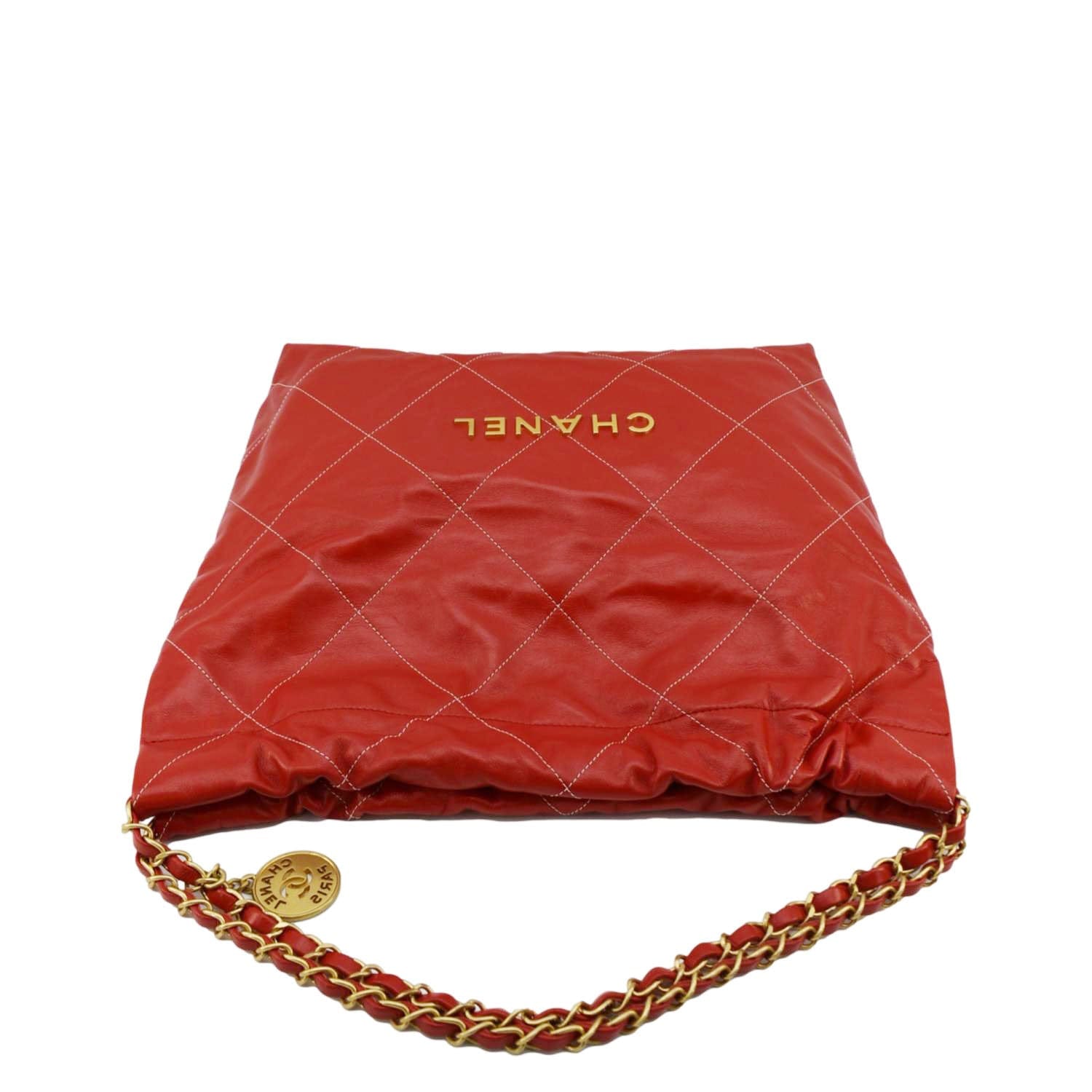 Chanel 22 Large Shiny Calfskin Quilted Leather Tote Bag Red