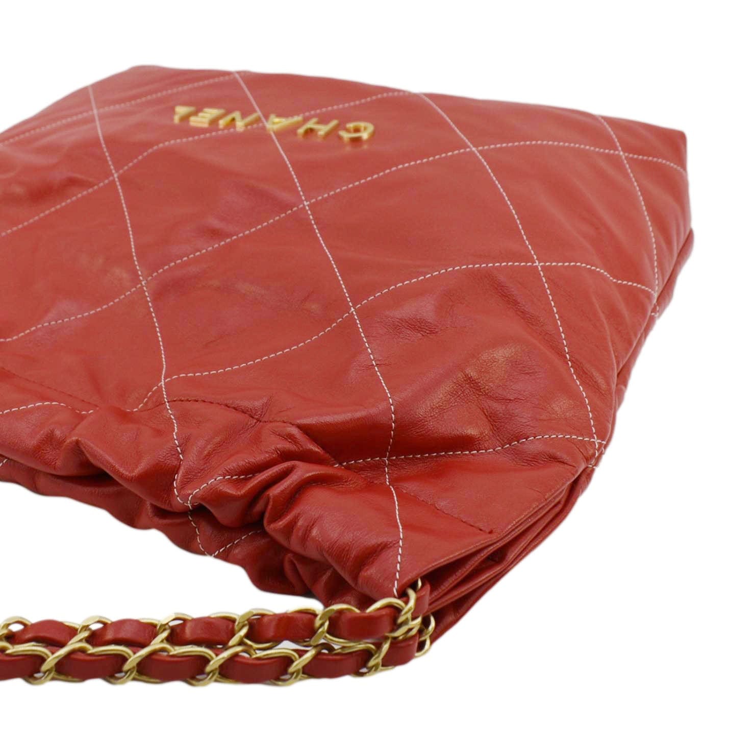 Chanel 22 Large Shiny Calfskin Quilted Leather Tote Bag Red