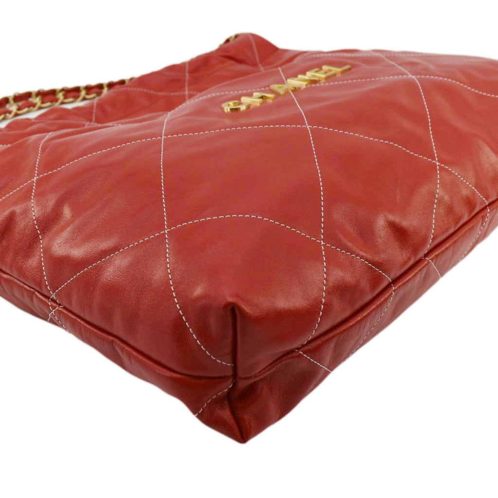 Chanel 22 Large Shiny Calfskin Quilted Leather Tote Bag Red