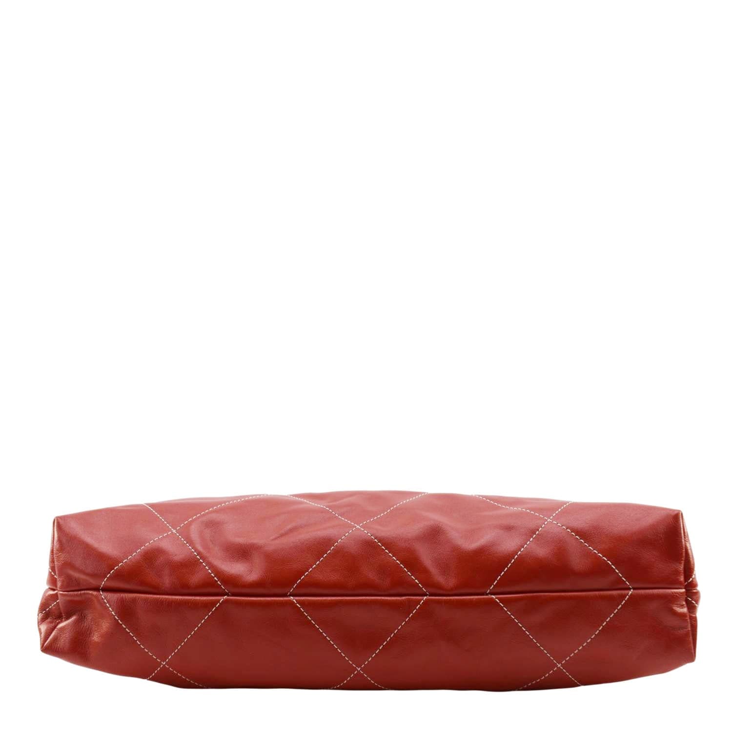Chanel 22 Large Shiny Calfskin Quilted Leather Tote Bag Red