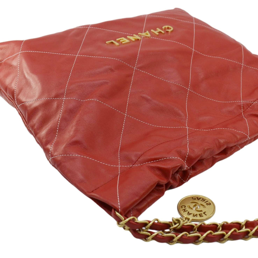 Chanel 22 Large Shiny Calfskin Quilted Leather Tote Bag Red