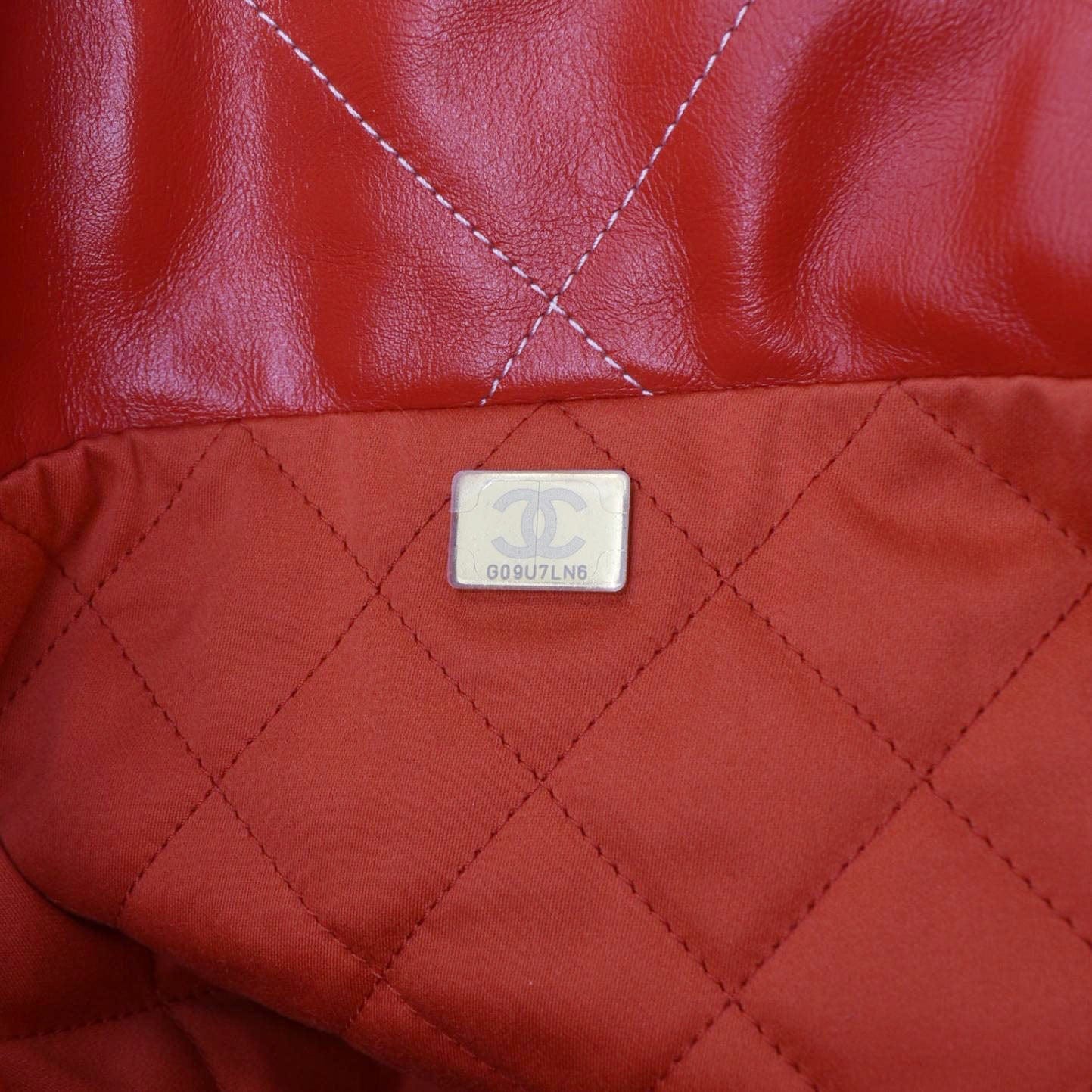 Chanel 22 Large Shiny Calfskin Quilted Leather Tote Bag Red