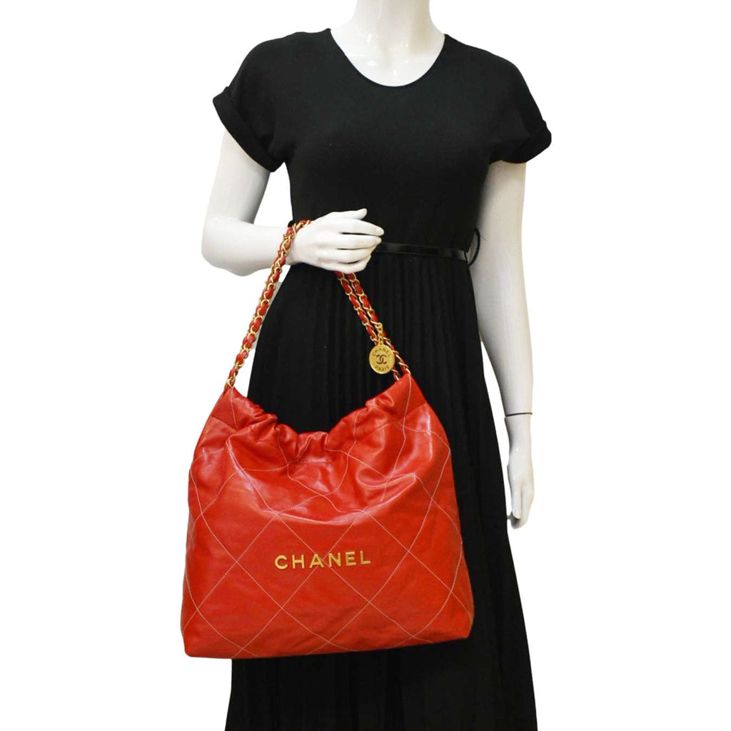 Chanel 22 Large Shiny Calfskin Quilted Leather Tote Bag Red