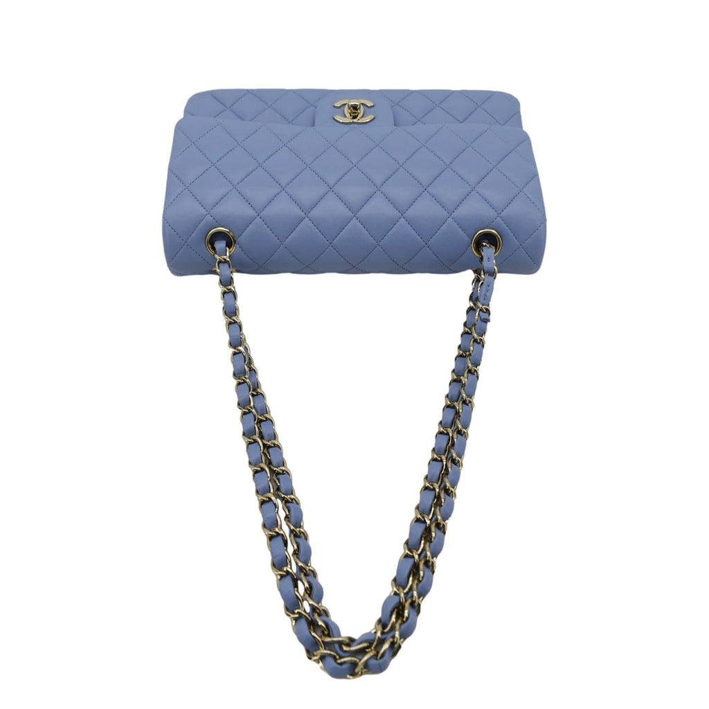 Chanel Classic Medium Double Flap Quilted Leather Shoulder Bag Light Blue